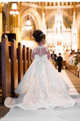 White Flower Girls Dresses With Long Sleeves Appliques